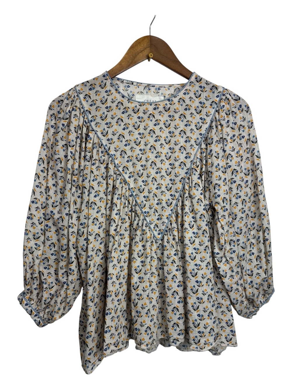 the GREAT Cream Floral Peasant Blouse with Blue Trim 100% Cotton Size 1